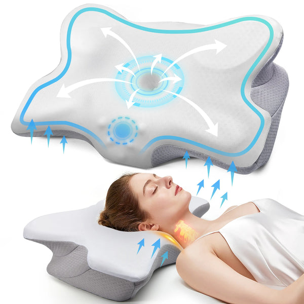 Ergonomic cervical pillow with cooling technology and support for head and neck, enhancing sleep quality.
