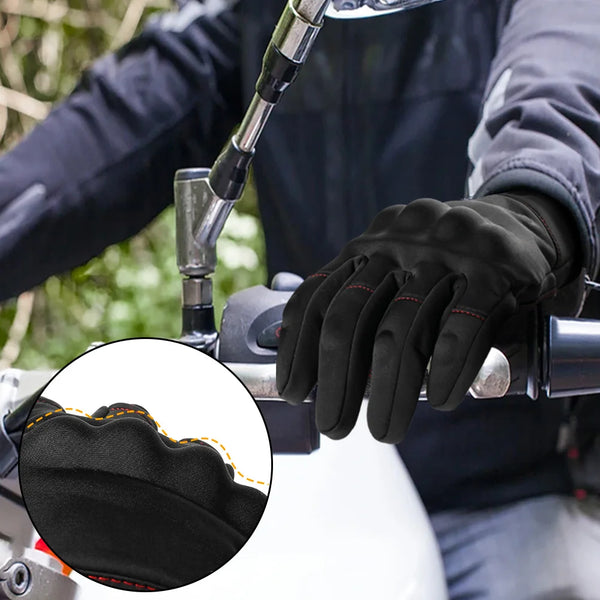 Touch screen winter gloves showcased on a hand gripping a motorcycle handlebar, perfect for winter sports and outdoor activities.