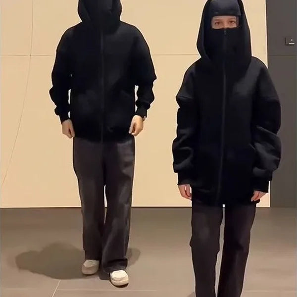 Double Hat Masked Hoodies Fashion Hip Hop Winter Windproof Sweatshirt Streetwear Trend ﻿zipper Face Mask Hoodie Jacket Coat