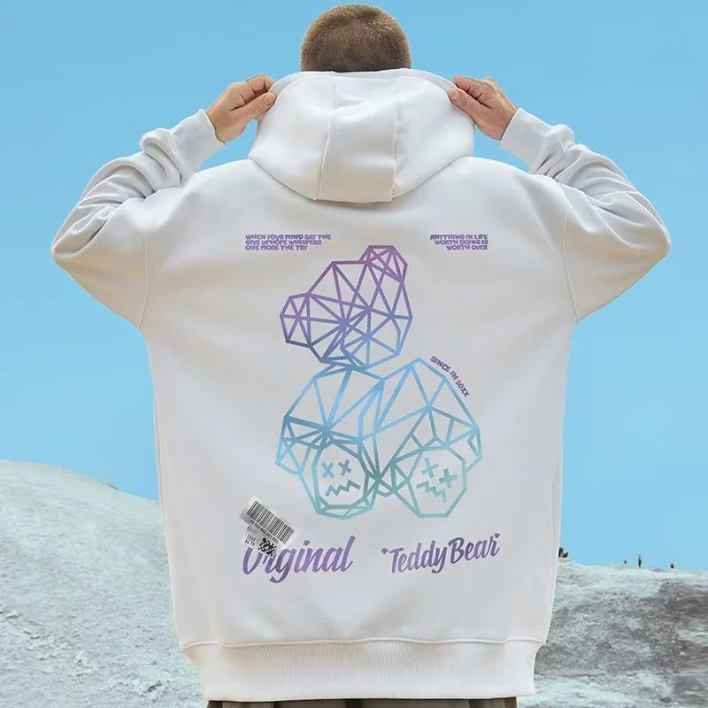 M-8XL Oversized Hoodie Mens American Pullover Sweatshirt Cartoon Geometry Bear Print Hooded Oversized Sweater Long Sleeve Shirt