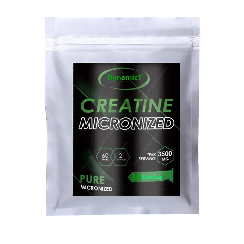 Creatine Power Patches in a silver packaging by DynamicT, offering 30 pure micronized patches for performance nutrition.